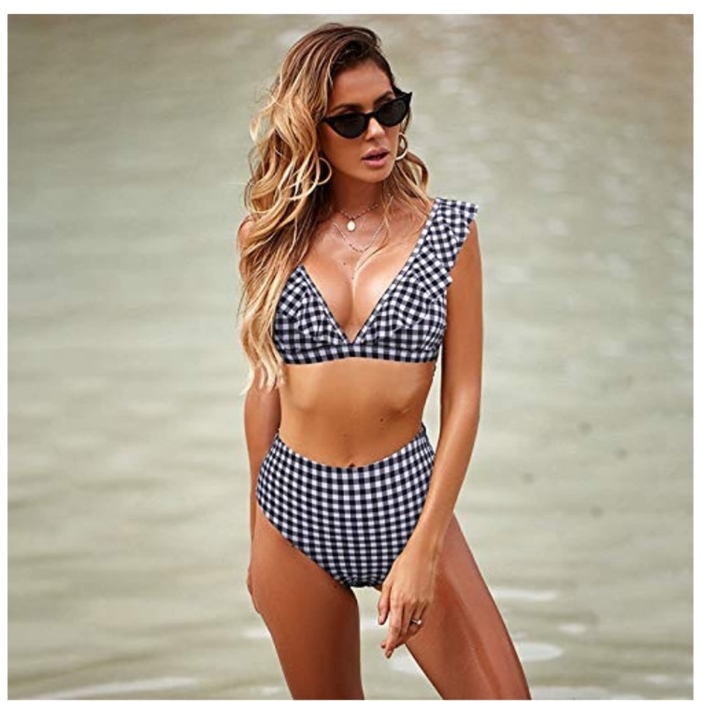 Women’s High Waisted Black Gingham Bathing Suit